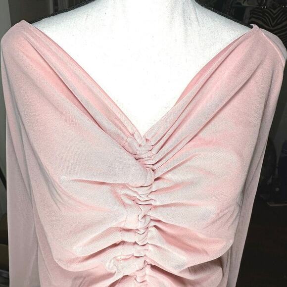PrettyLittleThing Plus Nude Pink Mesh Ruched Bardot Midi Dress Sz 20 NWT - Picture 3 of 6